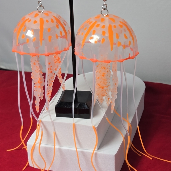 Neon Jellyfish Glow Blacklight Orange Silicone Earrings Rave Festival Statement - Picture 7 of 7